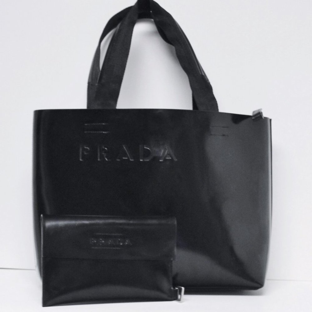 Authentic Prada Black Leather Tote w Attached Case offers accepted
